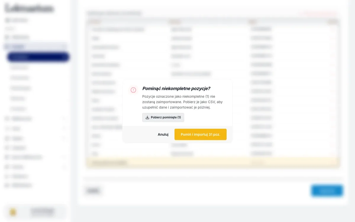 Okno pomijania niekompletnych pozycji