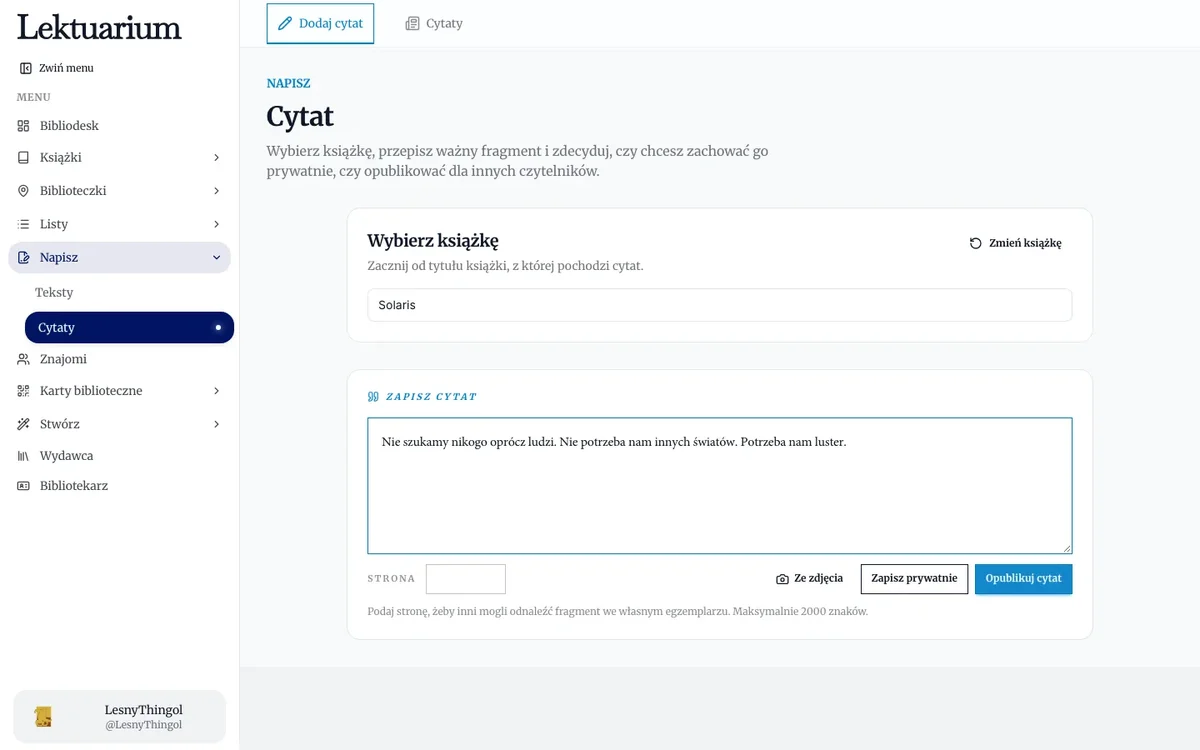 Formularz cytatu z tekstem i numerem strony
