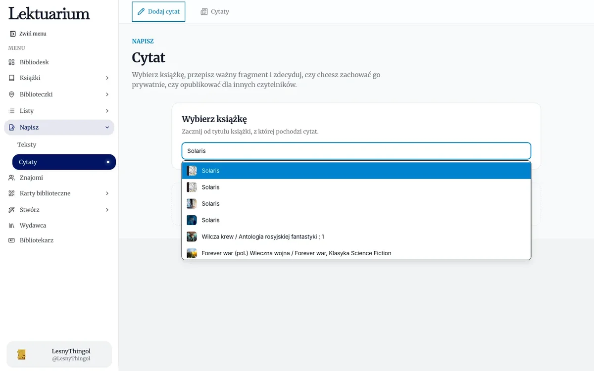 Wybór książki do cytatu