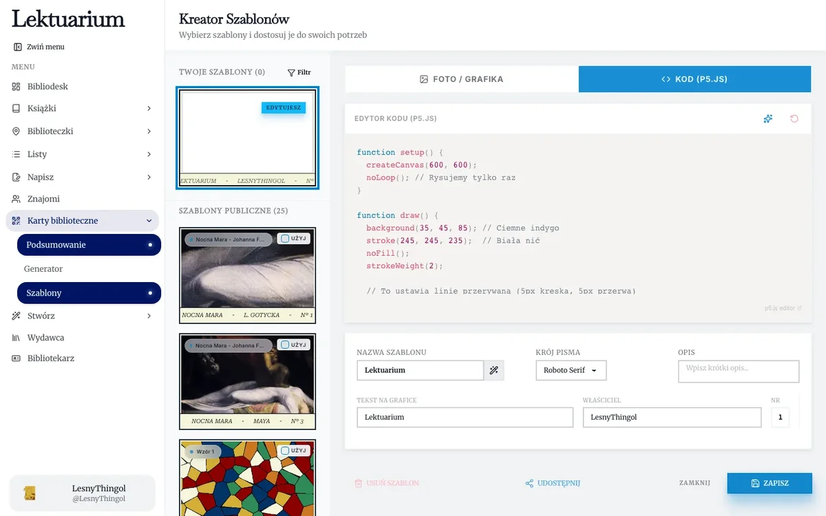 Edytor kodu p5.js w Kreatorze Szablonów