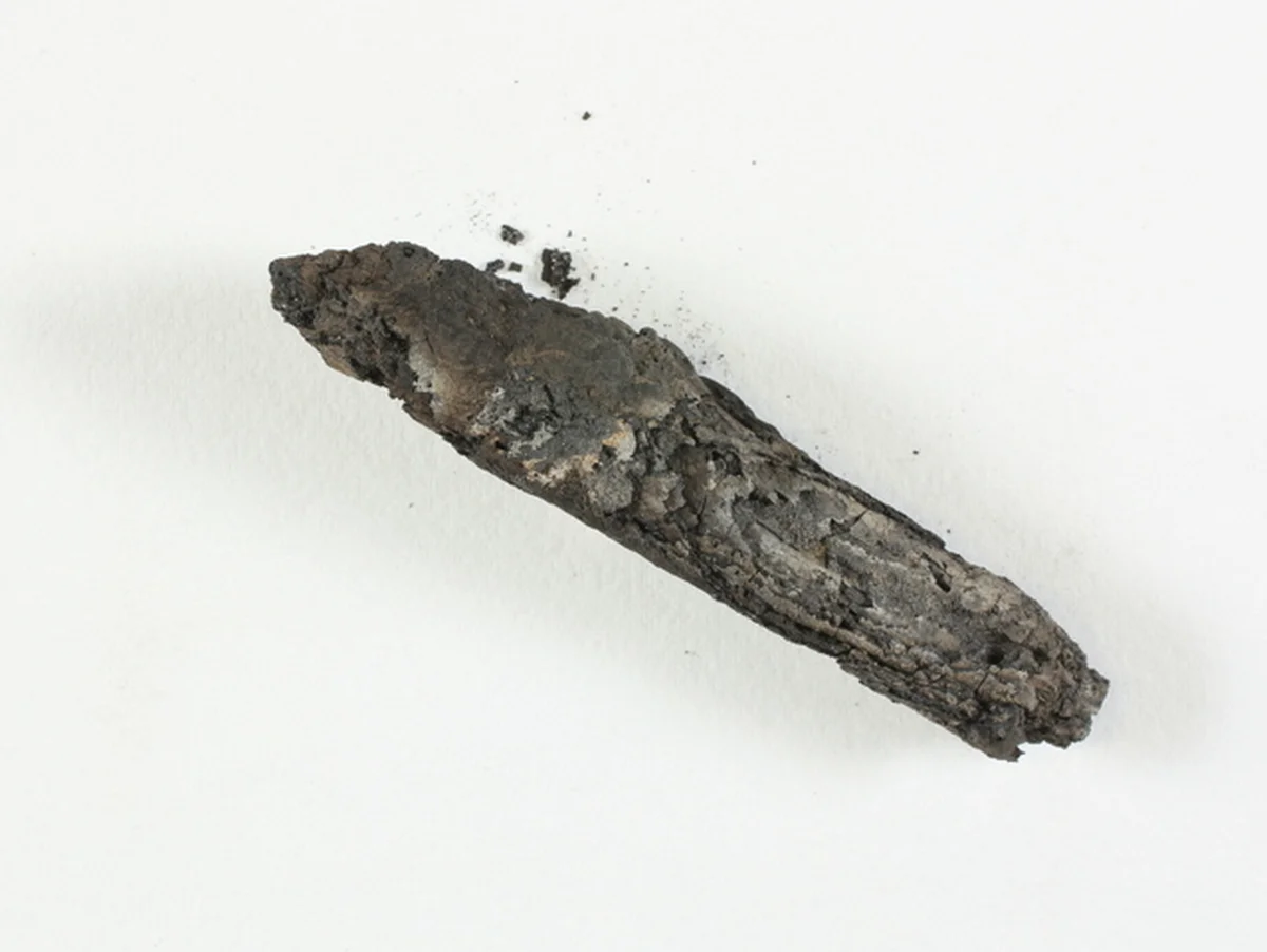 Czarny, zwęglony fragment zwoju z En-Gedi.