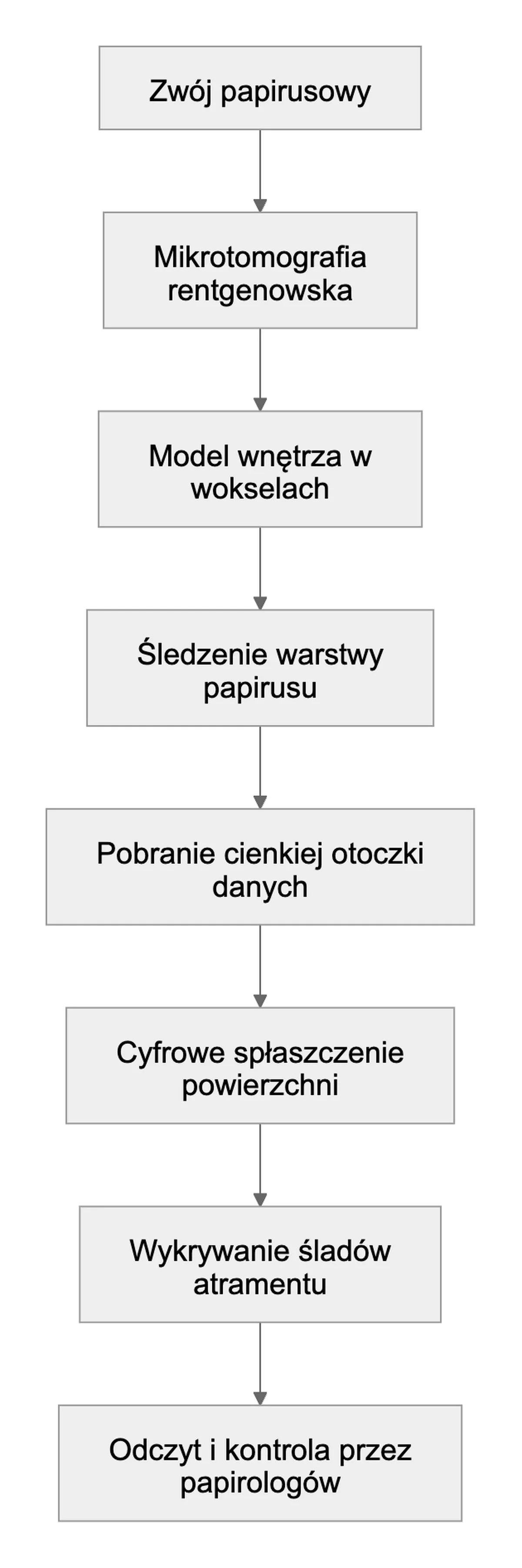 Etapy odczytu: skan, model przestrzenny, śledzenie warstwy, pobranie danych, spłaszczenie, wykrycie atramentu i kontrola papirologów.