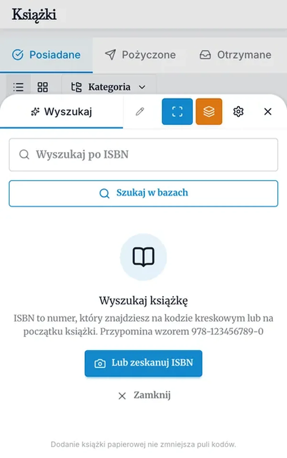 Panel dodawania na telefonie z przyciskami skanera
