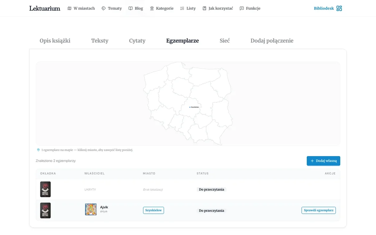 Zakładka Egzemplarze z mapą