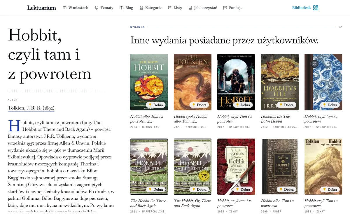 Strona tytułu Hobbit z wydaniami